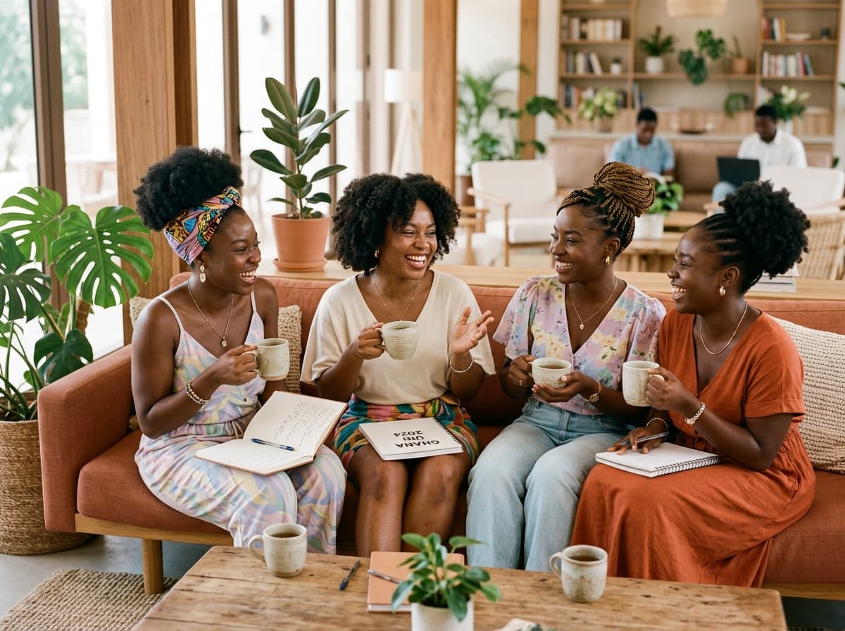 Young Ghanaian women smiling together in a safe, warm space