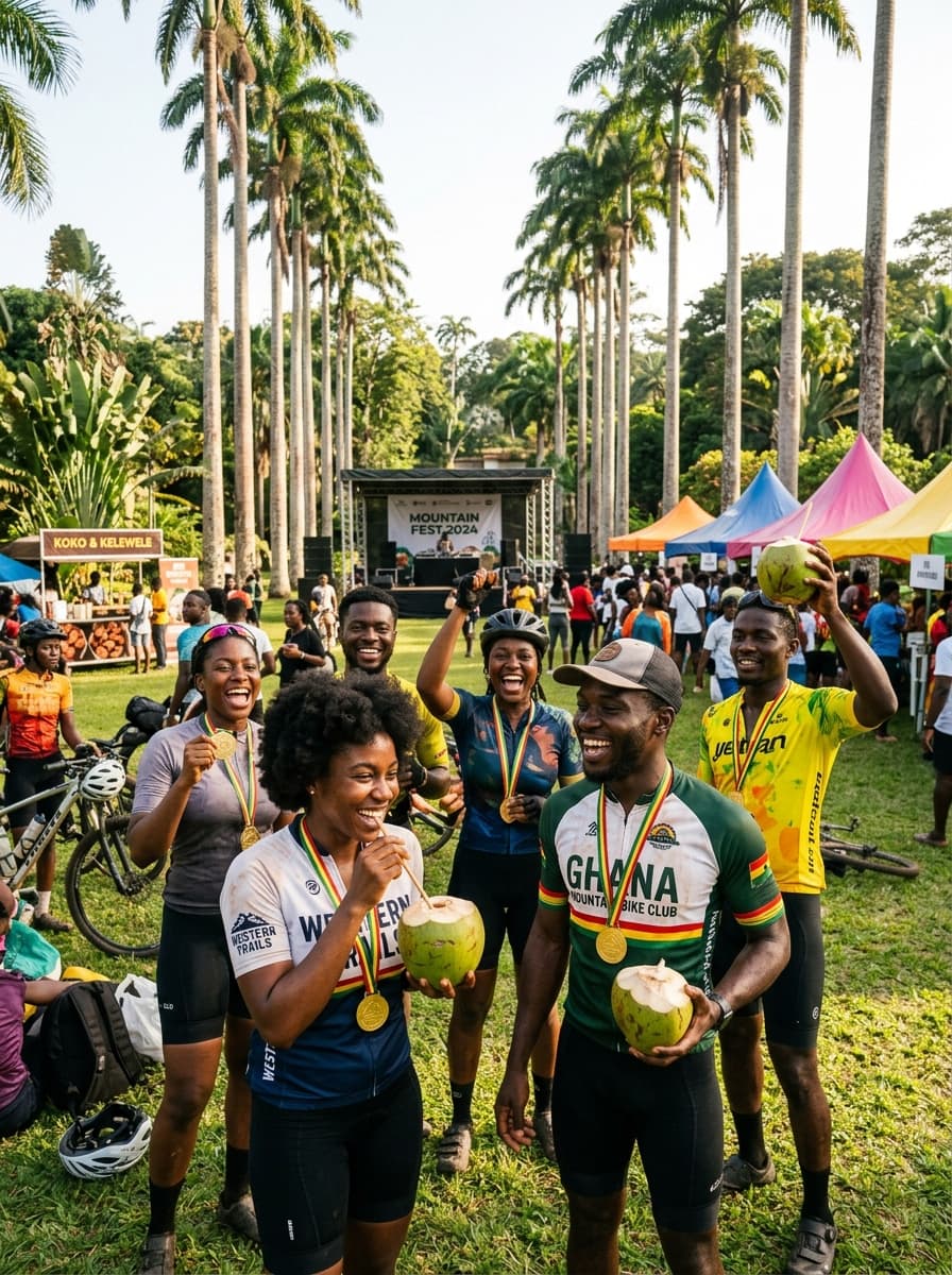 Cyclists celebrating with finisher medals, chilled fresh coconuts, and music in Aburi Botanical Gardens