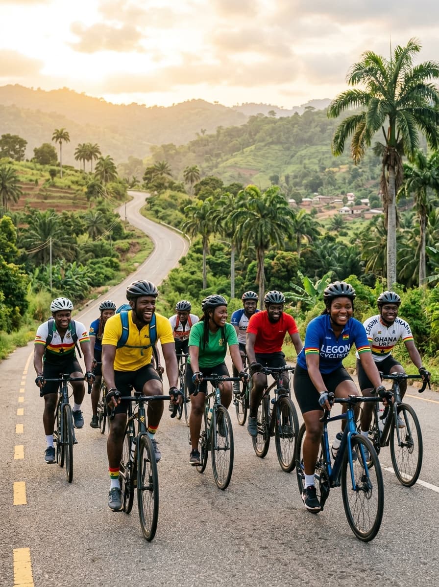 Young Ghanaian riders and campus squads cycling together on the road to Aburi